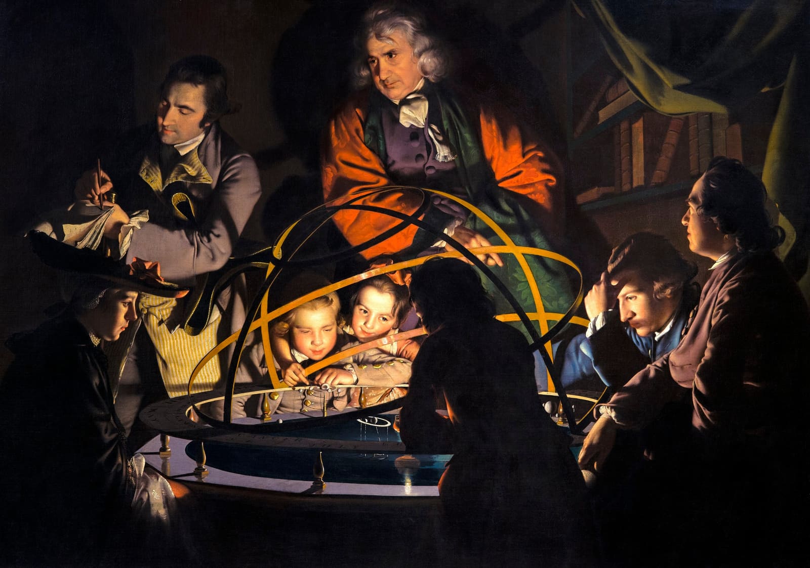 Joseph Wright of Derby's painting of a philosopher lecturing on an orrery by lamplight, his listeners' faces lit around the brass model of the planets.